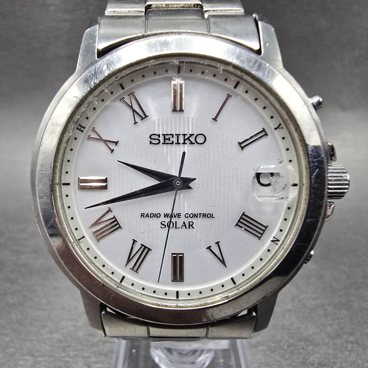 Seiko Solar Watch Men 38mm White Dial Silver Tone Date Atomic 7B52-0AG0 READ!!!!0