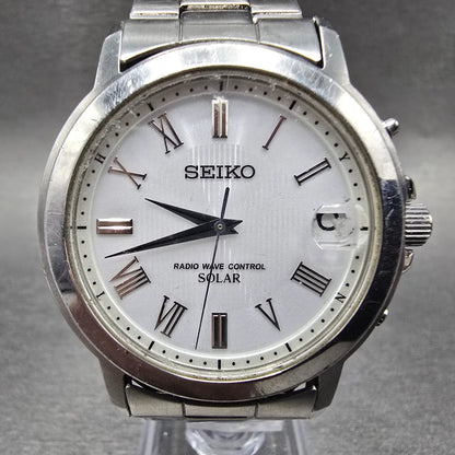 Seiko Solar Watch Men 38mm White Dial Silver Tone Date Atomic 7B52-0AG0 READ!!!!0