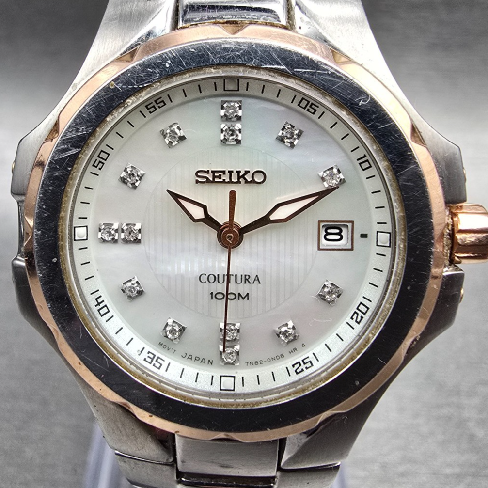 Seiko Coutura Watch Women 29mm MOP Dial Two Tone Date Round 7N82-0FR0 New Batt1