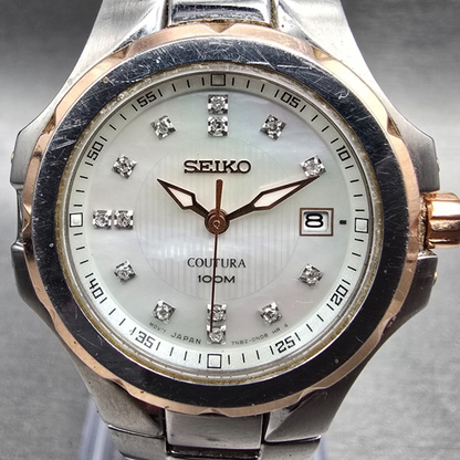 Seiko Coutura Watch Women 29mm MOP Dial Two Tone Date Round 7N82-0FR0 New Batt1