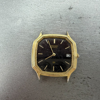 Seiko SQ Watch Men 31mm Black Dial Gold Tone Octagon Date 8222 PARTS Vintage0