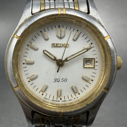 Seiko SQ 50 Watch Women 26mm White Dial Two Tone Date 7N82-0530 New Battery1