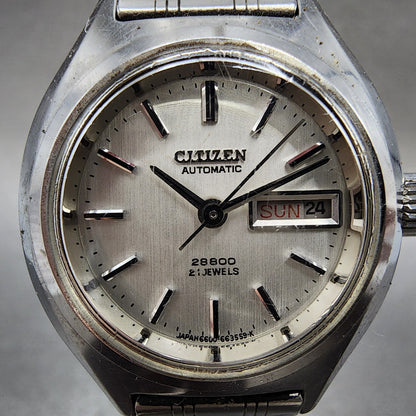 Citizen Automatic Watch Women White Dial Silver Tone Daydate Round Runs 66001