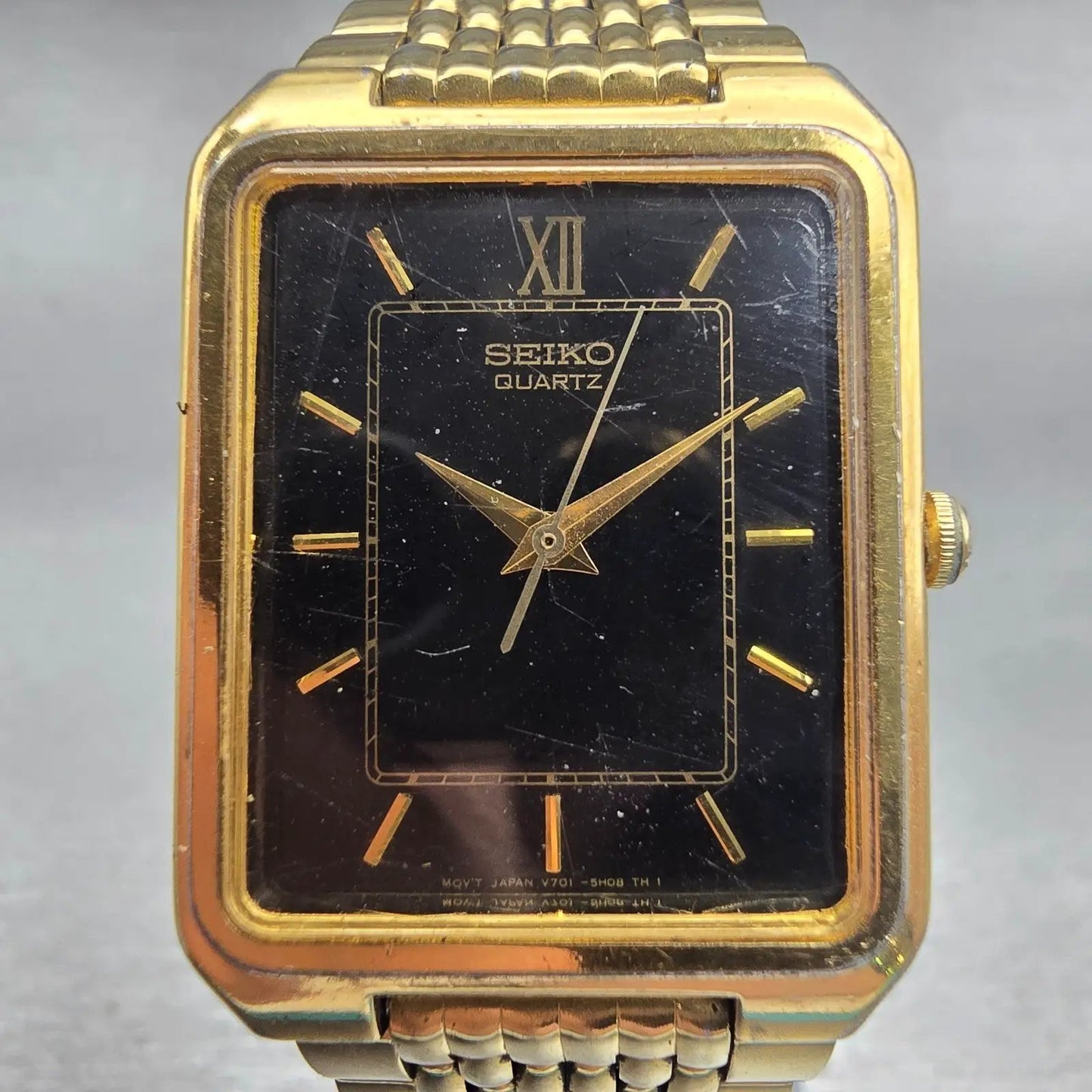 Seiko Watch Men 26mm Black Dial Gold Tone Rectangle V701-5J09 New Battery VTG1