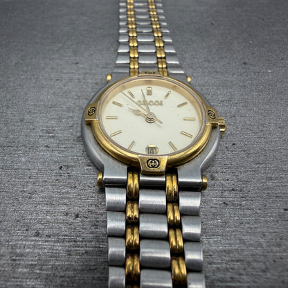 Gucci 9000L Watch Women 25mm Cream Dial Two Tone Date Round NO CASEBACK PARTS3