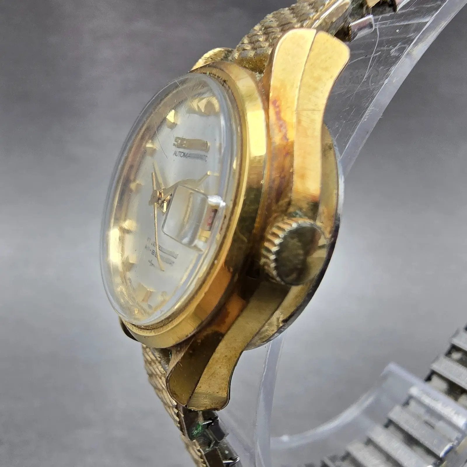 Seiko Automatic Watch Women 23mm Silver Dial Gold Tone Date 2205-0259 Runs2