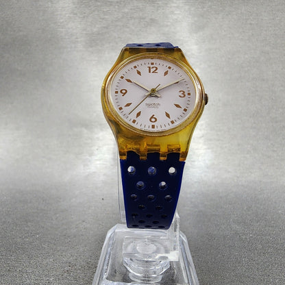 Swatch Gold Bride Watch Women 25mm White Dial Clear Case Round LK123 New Battery5
