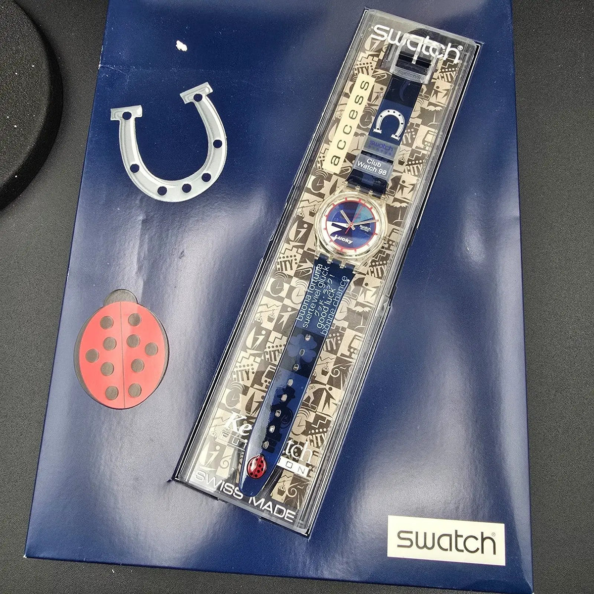 Swatch Access Lucky 7 Watch Men 34mm Blue Dial Clear Case SKZ116 New Battery NOS16