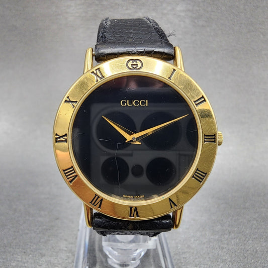 Gucci 3000M Watch Men 33mm Black Dial Gold Plated Round Leather Band New Battery0