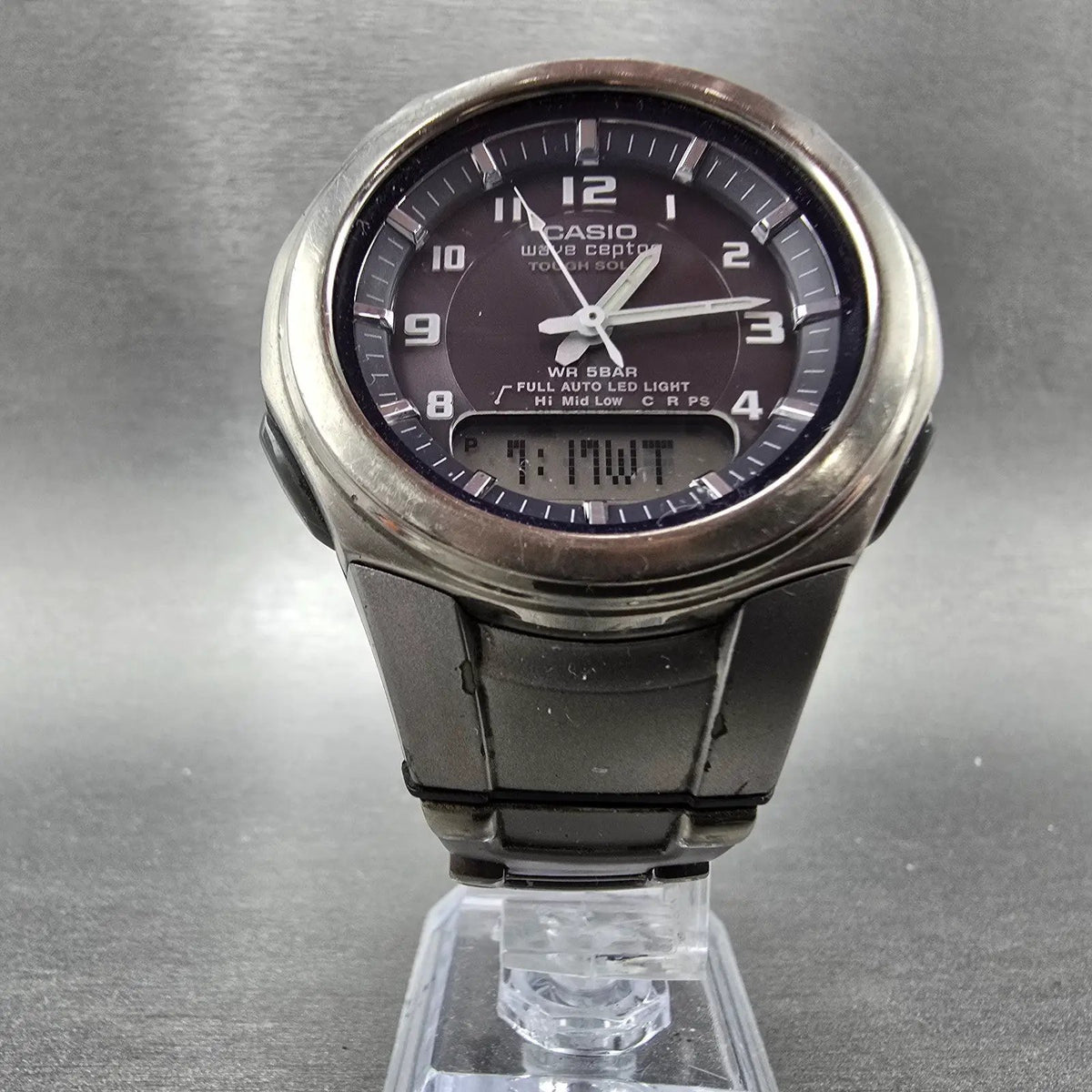Casio Wave Ceptor Watch Men 42mm Blue Dial Analog Digital Titanium WVA-400 Runs5