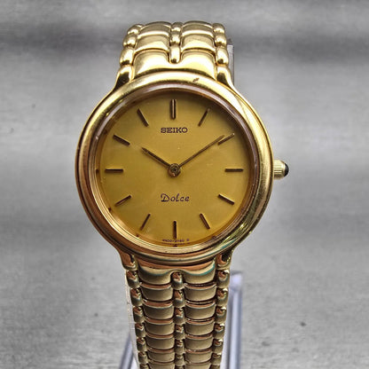 Seiko Dolce Watch Women 24mm Gold Dial Gold Tone Round 4N00-0770 New Battery VTG0
