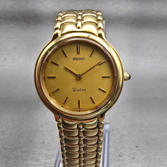 Seiko Dolce Watch Women 24mm Gold Dial Gold Tone Round 4N00-0770 New Battery VTG0