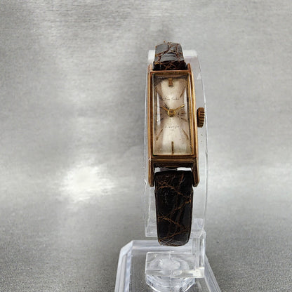 Fine Seiko Tank Watch Women 11mm Silver Dial Gold Plated Manual Wind Runs VTG5