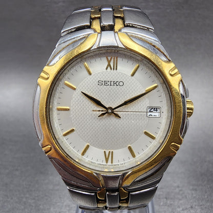 Seiko Watch Men 37mm White Dial Two Tone Date Round READ!!!!! New Batt 7N426C100