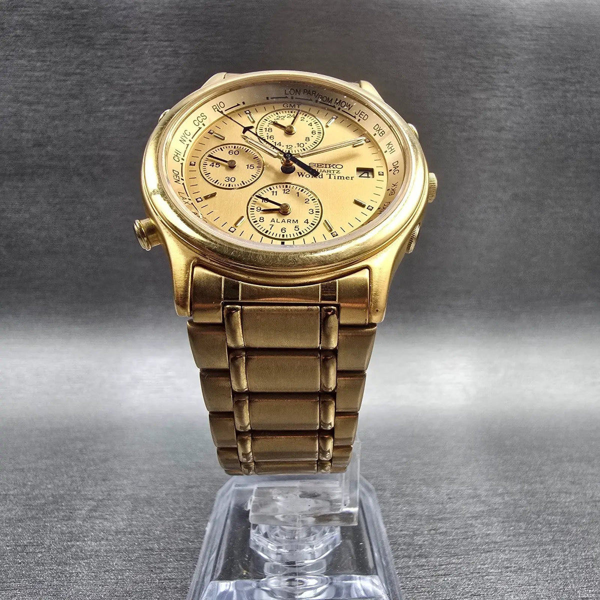 Seiko World Timer Watch Men 38mm Gold Dial Chrono Alarm Date 5T52-6A28 New Batt5