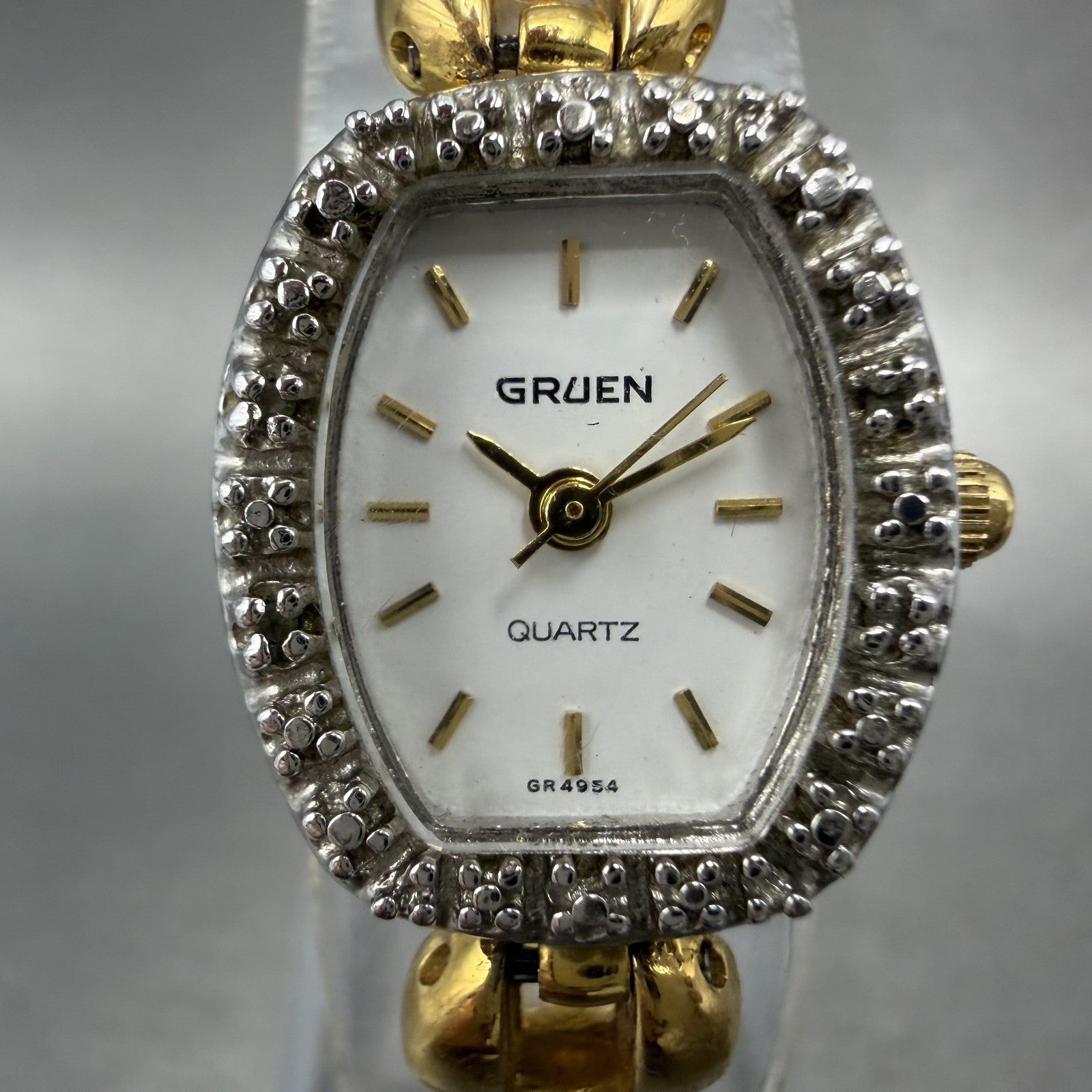 Gruen Watch Women 17mm White Dial Gold Oval Diamond Bezel New Battery VTG1