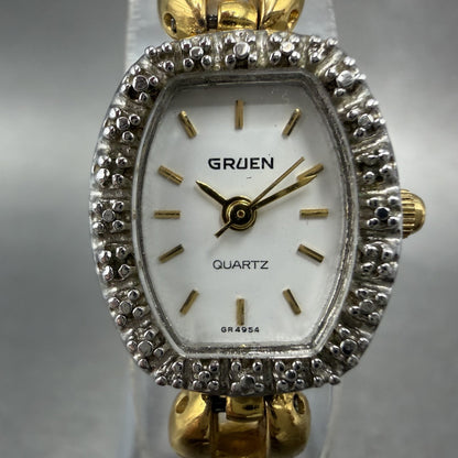 Gruen Watch Women 17mm White Dial Gold Oval Diamond Bezel New Battery VTG1