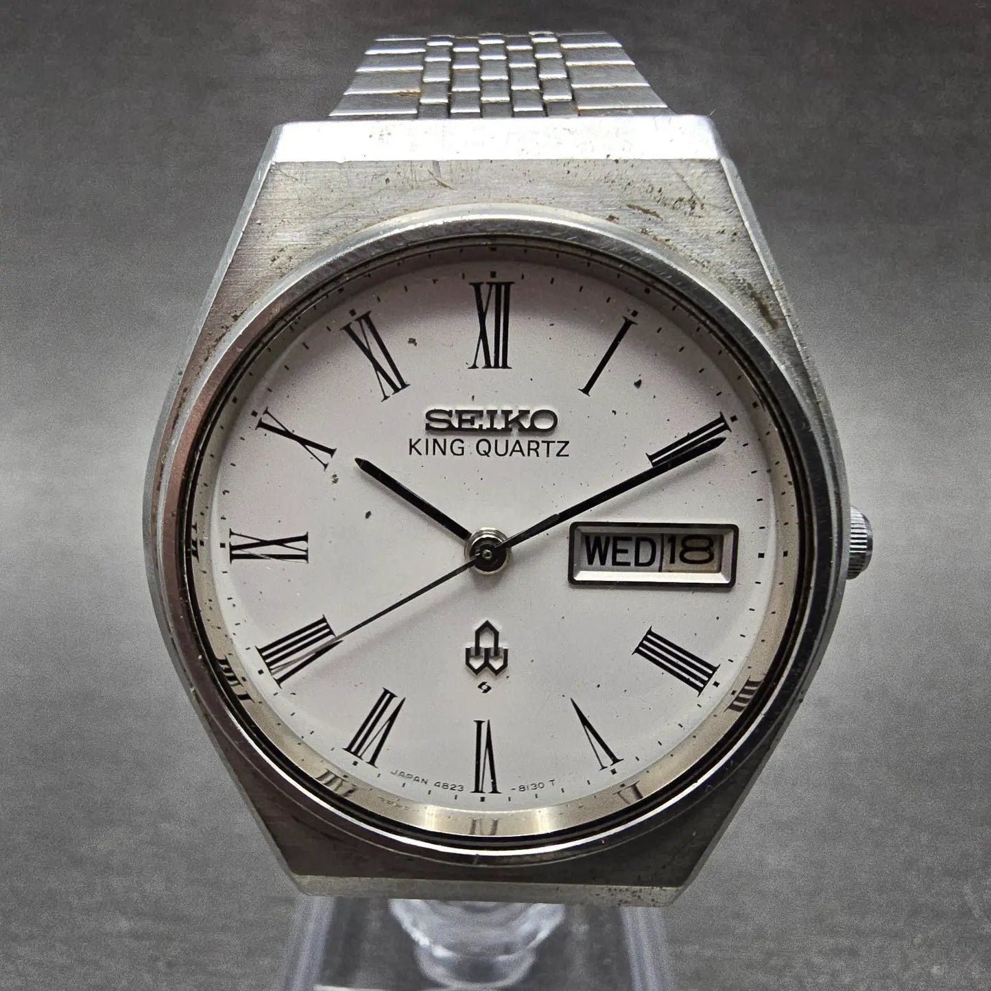 Seiko King Quartz Watch Men 36mm White Dial Silver Tone Daydate 4823-8130 PARTS0