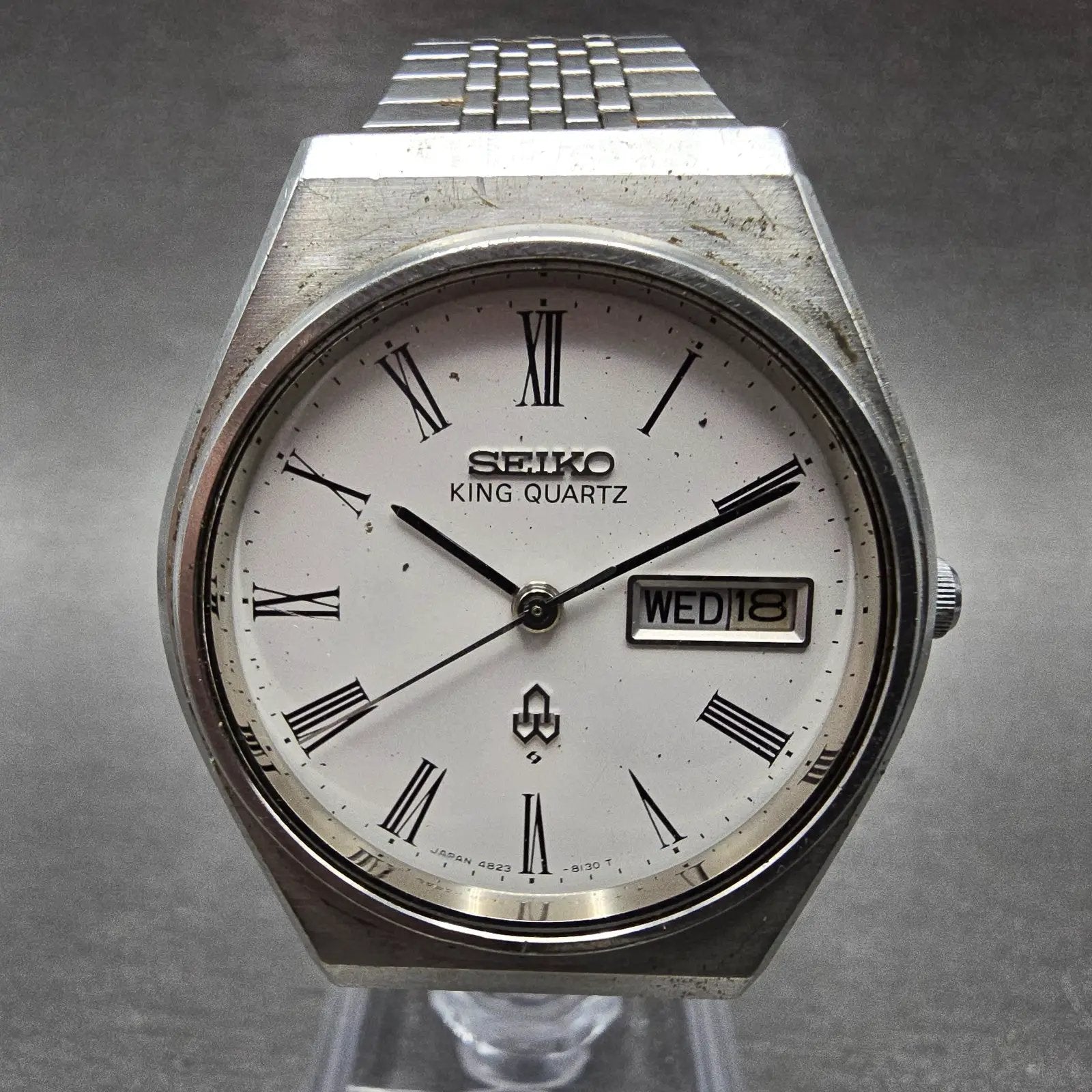Seiko King Quartz Watch Men 36mm White Dial Silver Tone Daydate 4823-8130 PARTS0