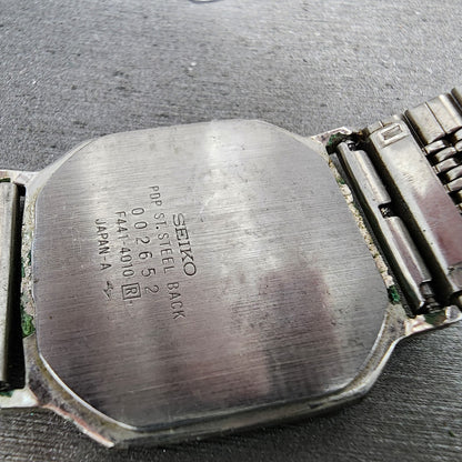 Seiko Digital Watch Men 29mm LCD Silver Tone Octagon F441-4010 Thin PARTS