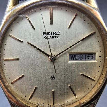 Seiko Watch Men 32mm Gold Dial Gold Tone Daydate Round 7123-7090 New Battery1