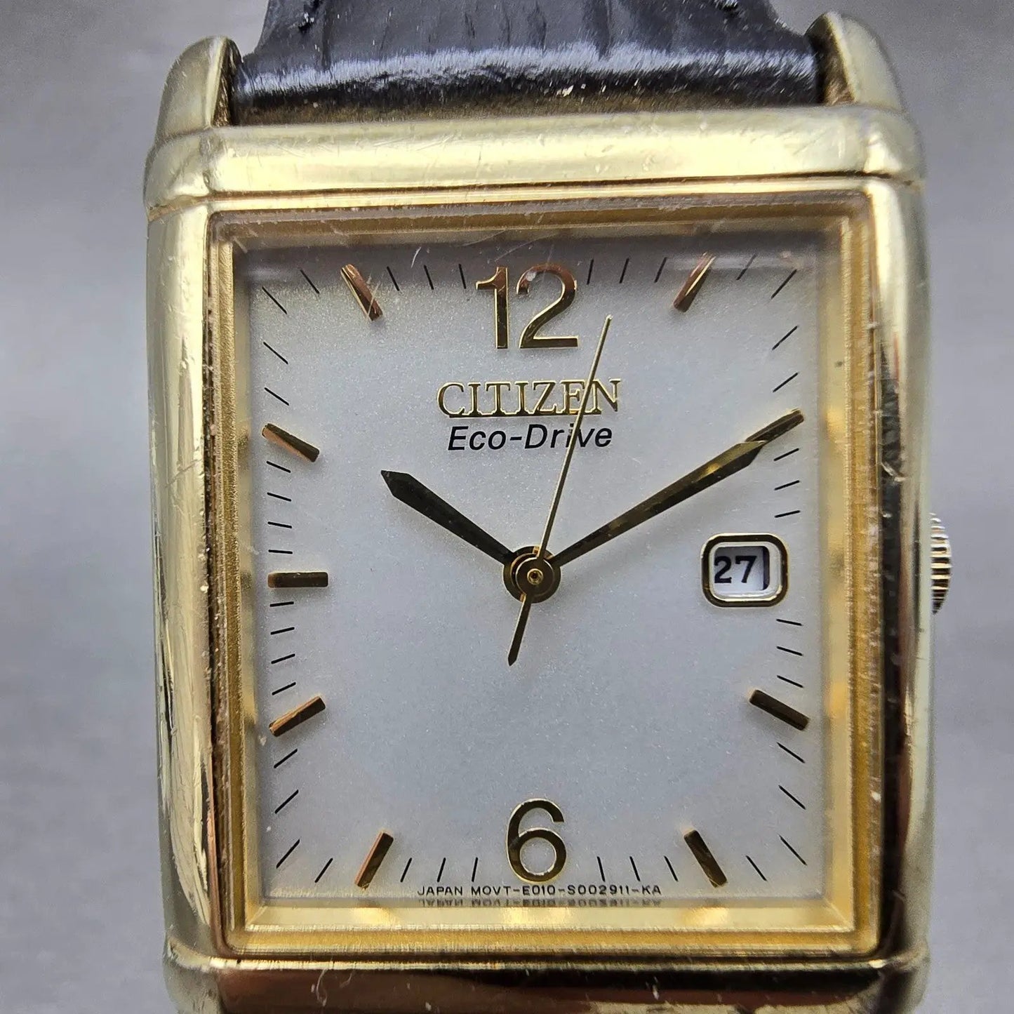 Citizen Eco-Drive Tank Watch Men 25mm Silver Dial Gold Tone Rectangle Date RunsP1