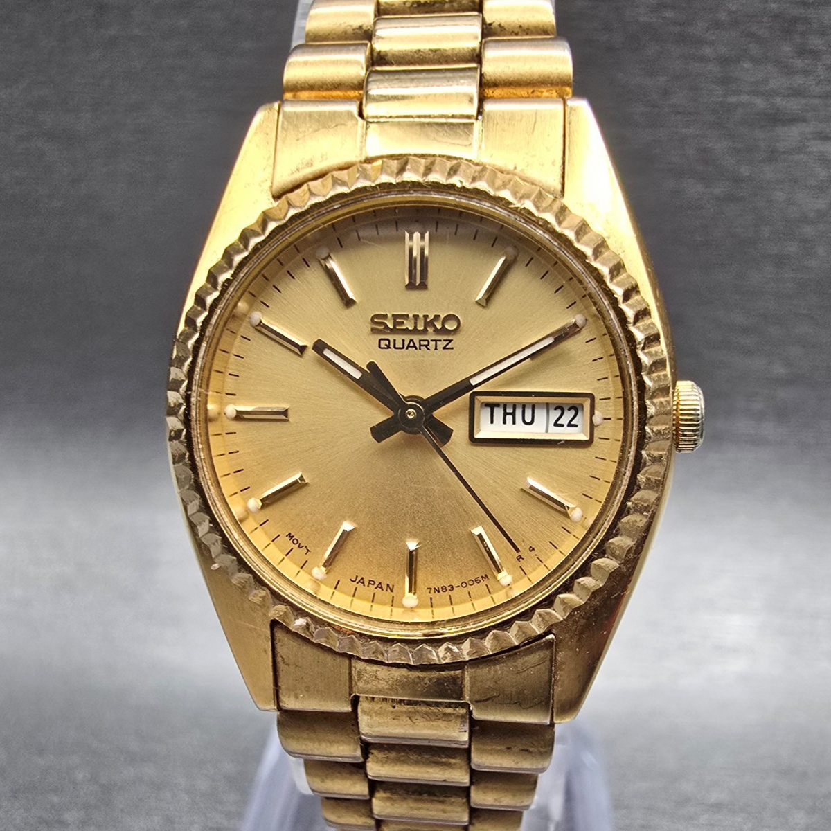 Seiko President Watch Women 24mm Gold Dial Gold Daydate 7N83-0041 New Battery0