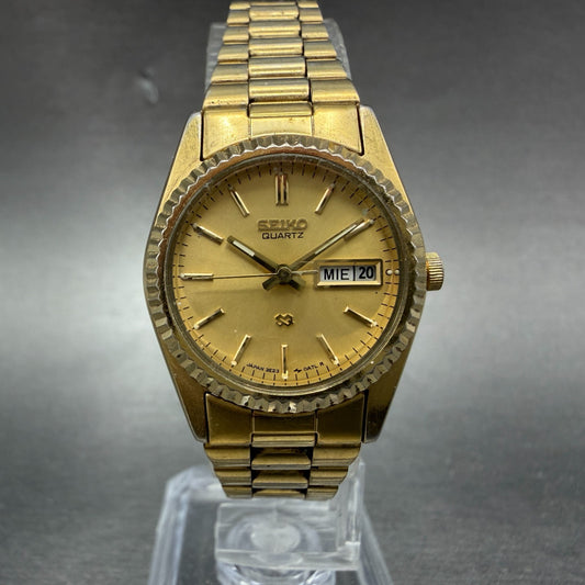 Seiko SQ Watch Women 24mm Champagne Dial Gold Tone Daydate 3e23-0a69 New Batt GJ0