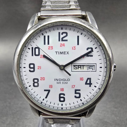 Timex Easy Reader Watch Men 35mm White Dial Silver Daydate T20461 New Battery 890