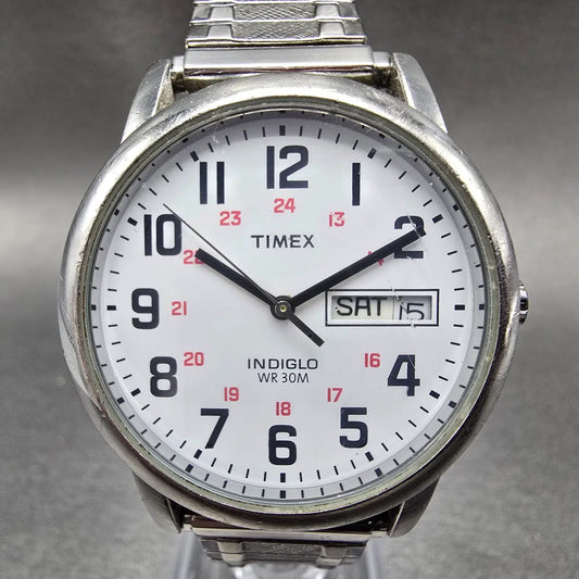 Timex Easy Reader Watch Men 35mm White Dial Silver Daydate T20461 New Battery 890