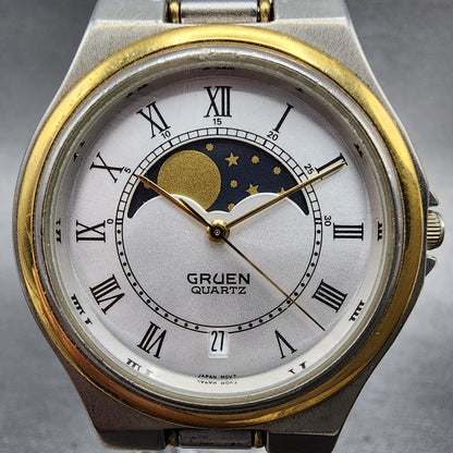 Gruen Moonphase Watch Men 34mm White Dial Two Tone Date Round New Battery