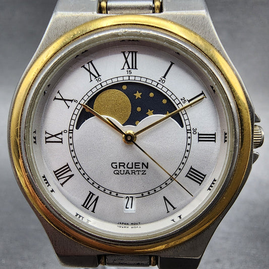 Gruen Moonphase Watch Men 34mm White Dial Two Tone Date Round New Battery