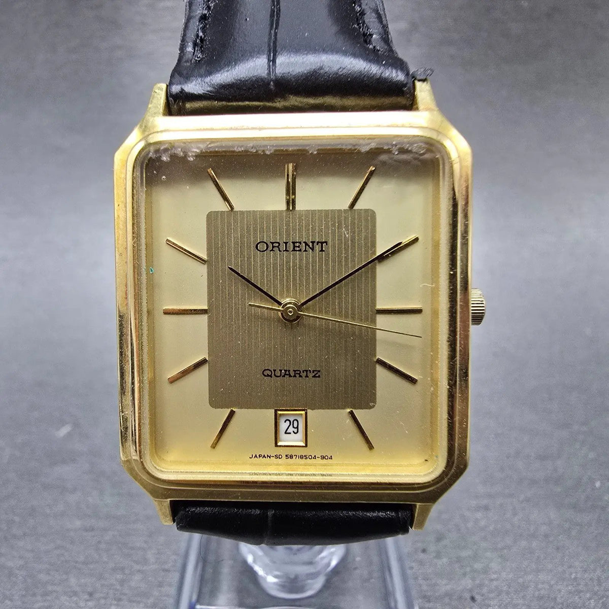 Orient Tank Watch Men 28mm Champagne Dial Gold Tone Rectangle Date New Battery0