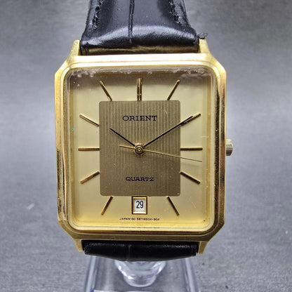 Orient Tank Watch Men 28mm Champagne Dial Gold Tone Rectangle Date New Battery0