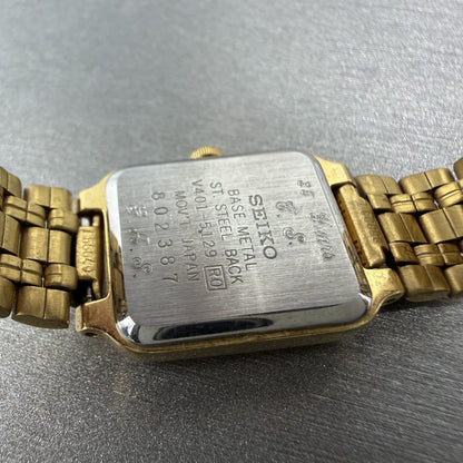 Seiko Tank Watch Women 18mm Champagne Dial Gold Tone Rectangle V401-5129 NewBatt9