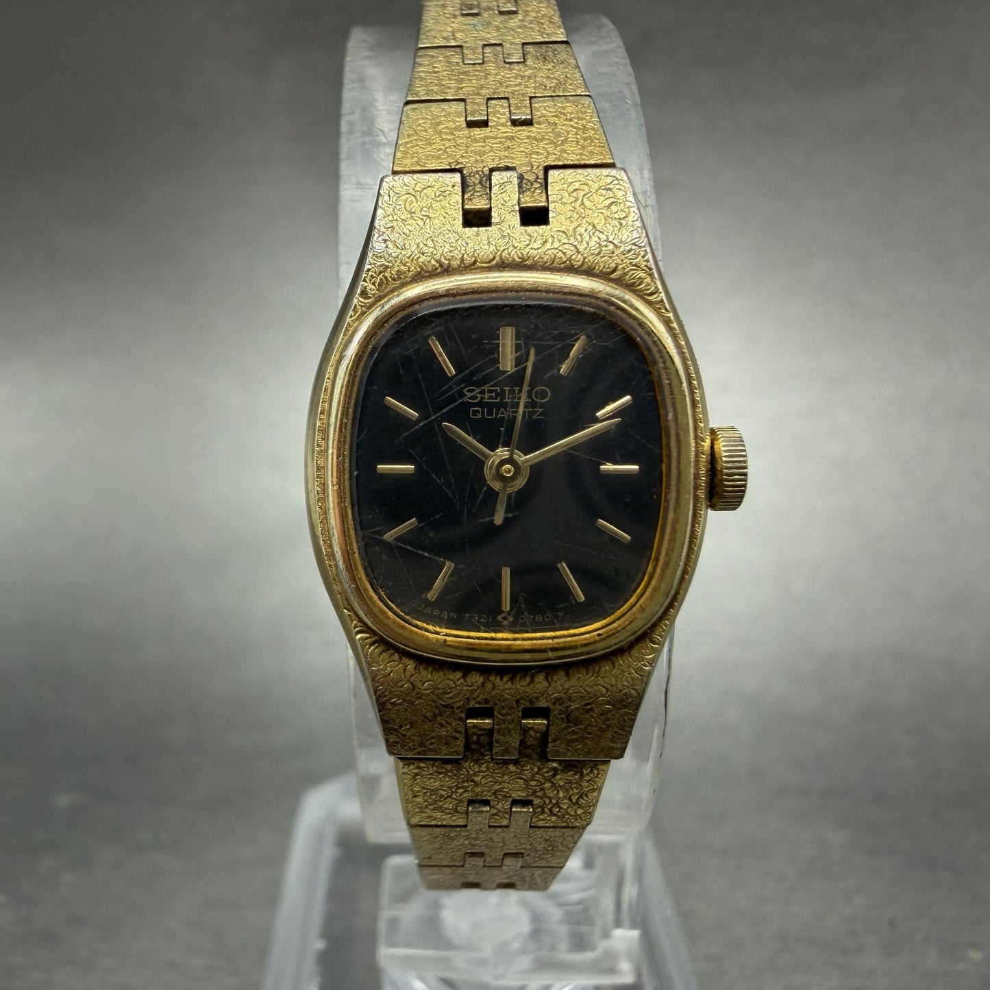 Seiko Watch Women 17mm Black Dial Gold Tone Rectangle 7321-5399 New Battery BCD0