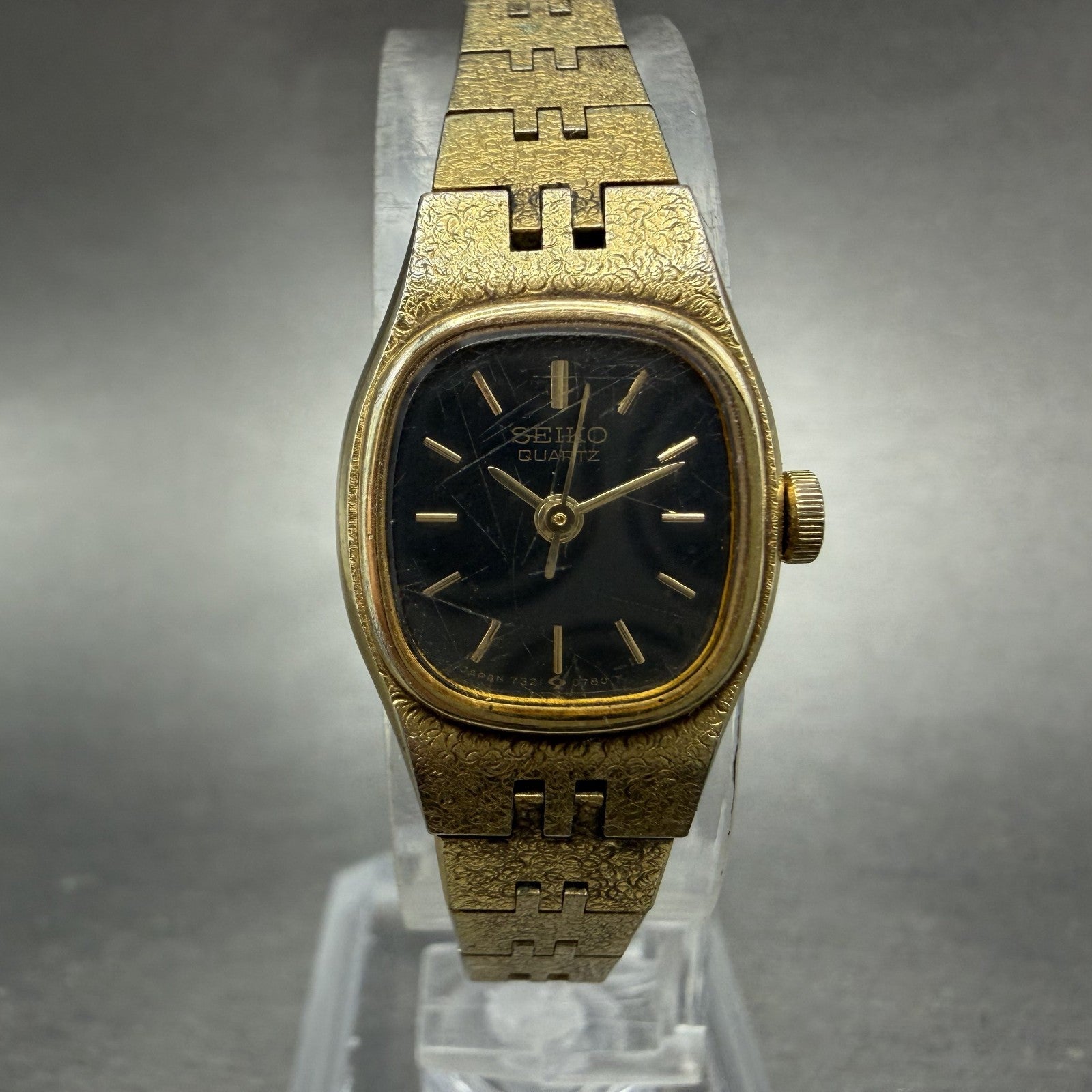 Seiko Watch Women 17mm Black Dial Gold Tone Rectangle 7321-5399 New Battery BCD0