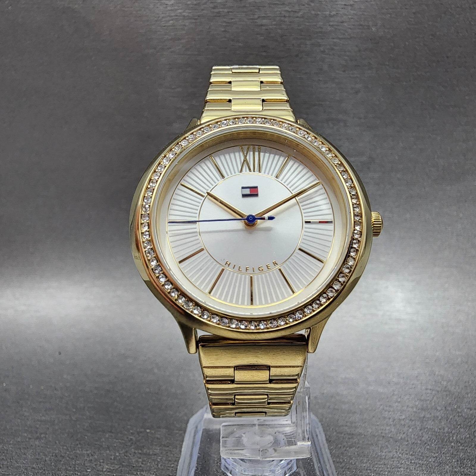 Tommy Hilfiger Watch Women 36mm White Dial Gold Tone Crystal Bezel Round Newbatt5