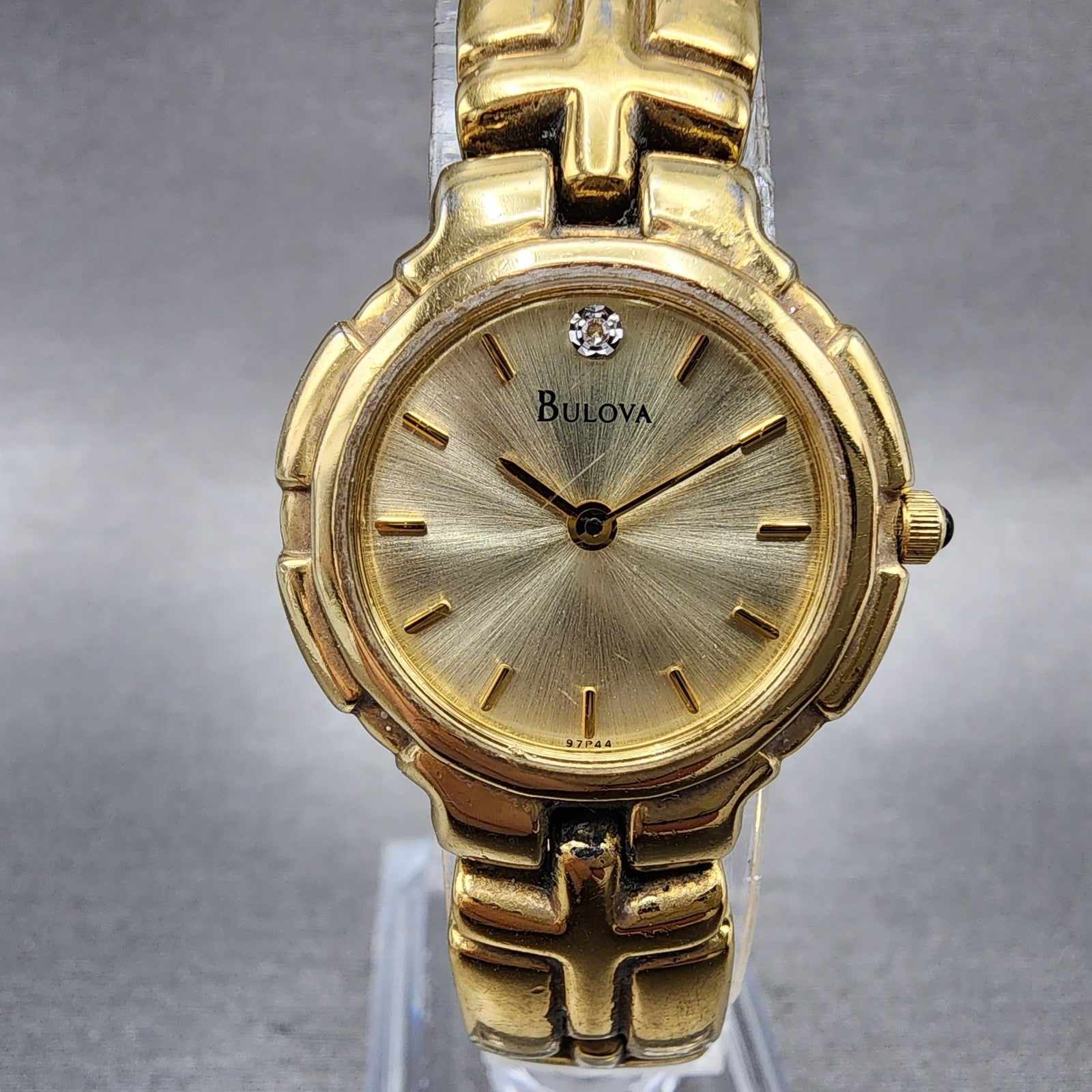 Bulova Watch Women 26mm Gold Dial Gold Tone Round 97P44 New Battery VTG0