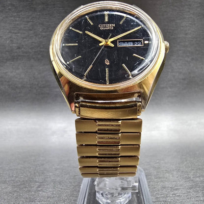 Citizen CQ Watch Men 35mm Black Dial Gold Tone Daydate 1100-S63812 New Battery K5