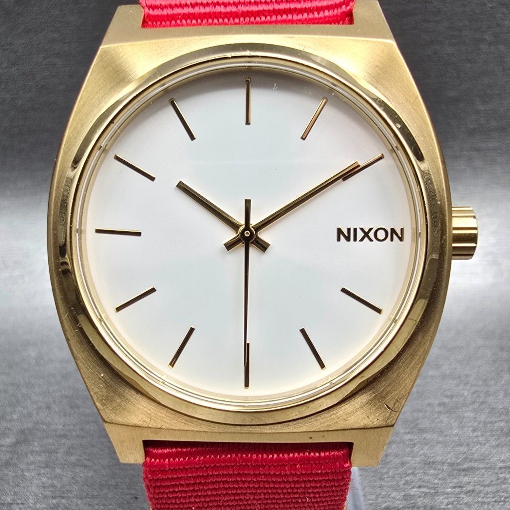 Nixon The Time Teller Watch Men 37mm White Dial Gold Tone Round New Battery CD1
