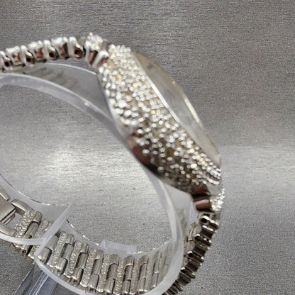 Xanadu Half Moon Watch Women 22mm MOP Dial Crystal Accents Silver Tone New Batt3