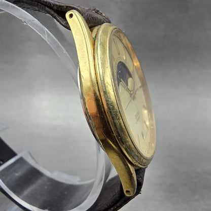 Seiko Moon Phase Watch Men 32mm Champagne Dial Gold Date Round 7434-7008 PARTS4