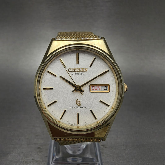 Citizen CQ Crystron Watch Men 34mm White Dial Gold Tone Daydate 4-710240 PARTS