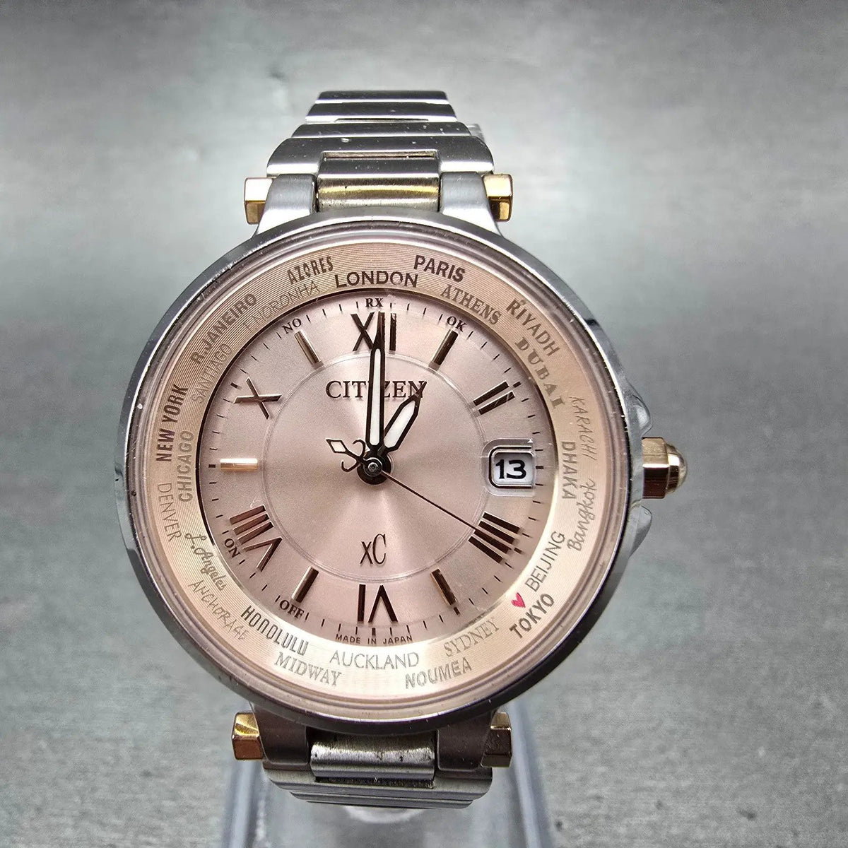 Citizen XC Watch Women 29mm Pink Dial Two Tone Date Atomic Solar Round PARTS0