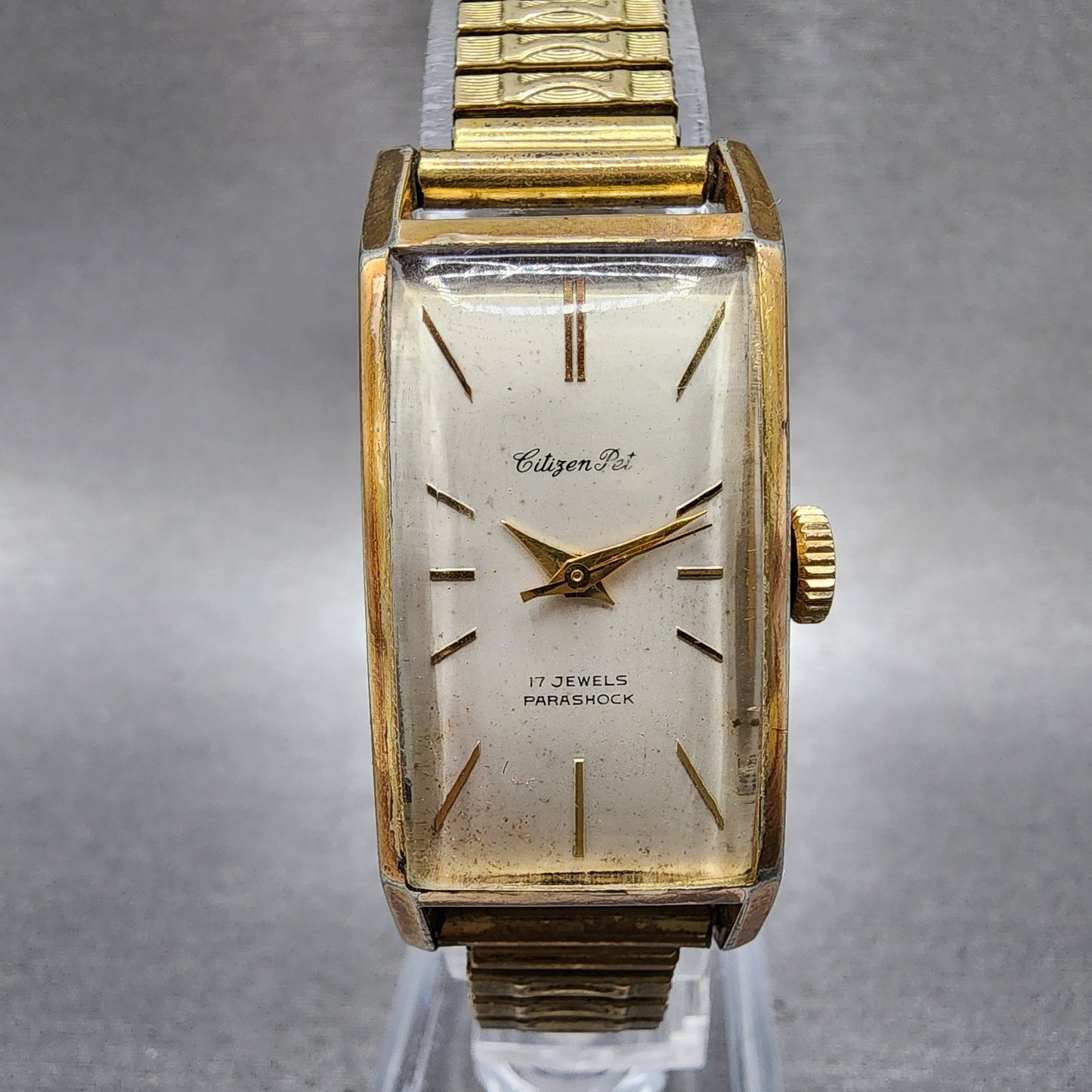 Citizen Pet Watch Women 18mm White Dial Gold Plated Rectangle Manual Wind Runs0