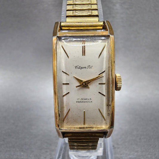 Citizen Pet Watch Women 18mm White Dial Gold Plated Rectangle Manual Wind Runs0