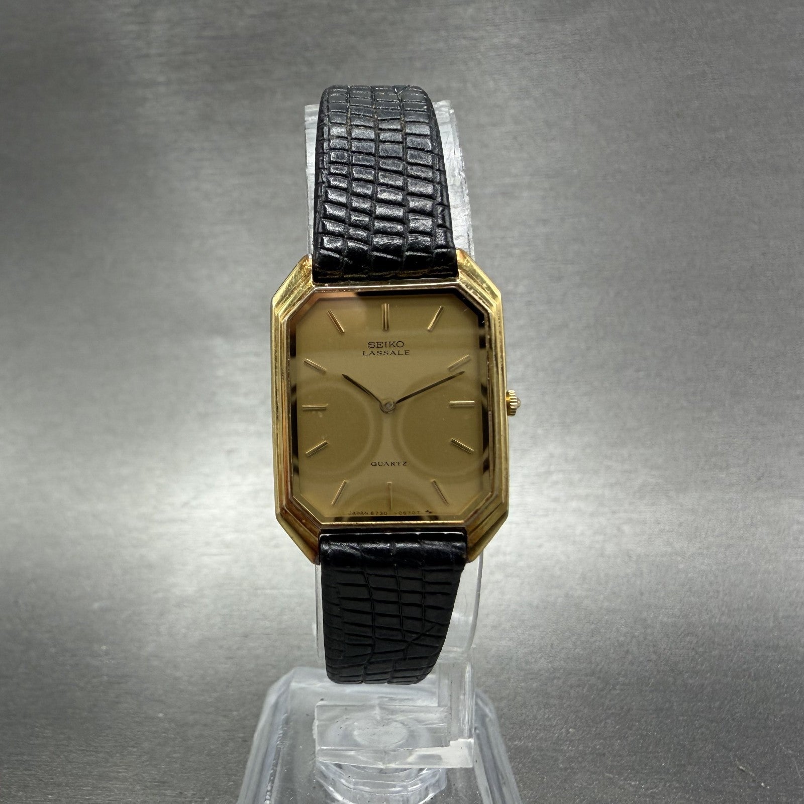 Seiko Lassale Tank Watch Women 20mm Champagne Dial Gold Tone 6730-5299 New Batt5