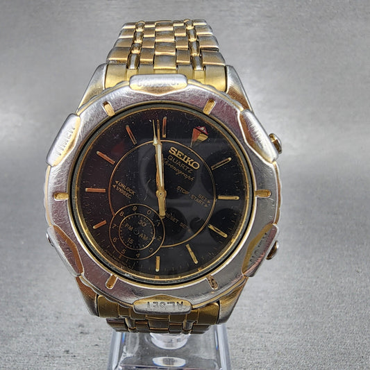 Seiko Chronograph Watch Men 39mm Black Dial Gold Tone Alarm 8V207000 PARTS0