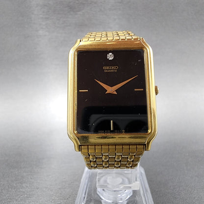 Seiko Tank Watch Men 27mm Black Dial Gold Tone Rectangle 5Y30-5189 New Battery